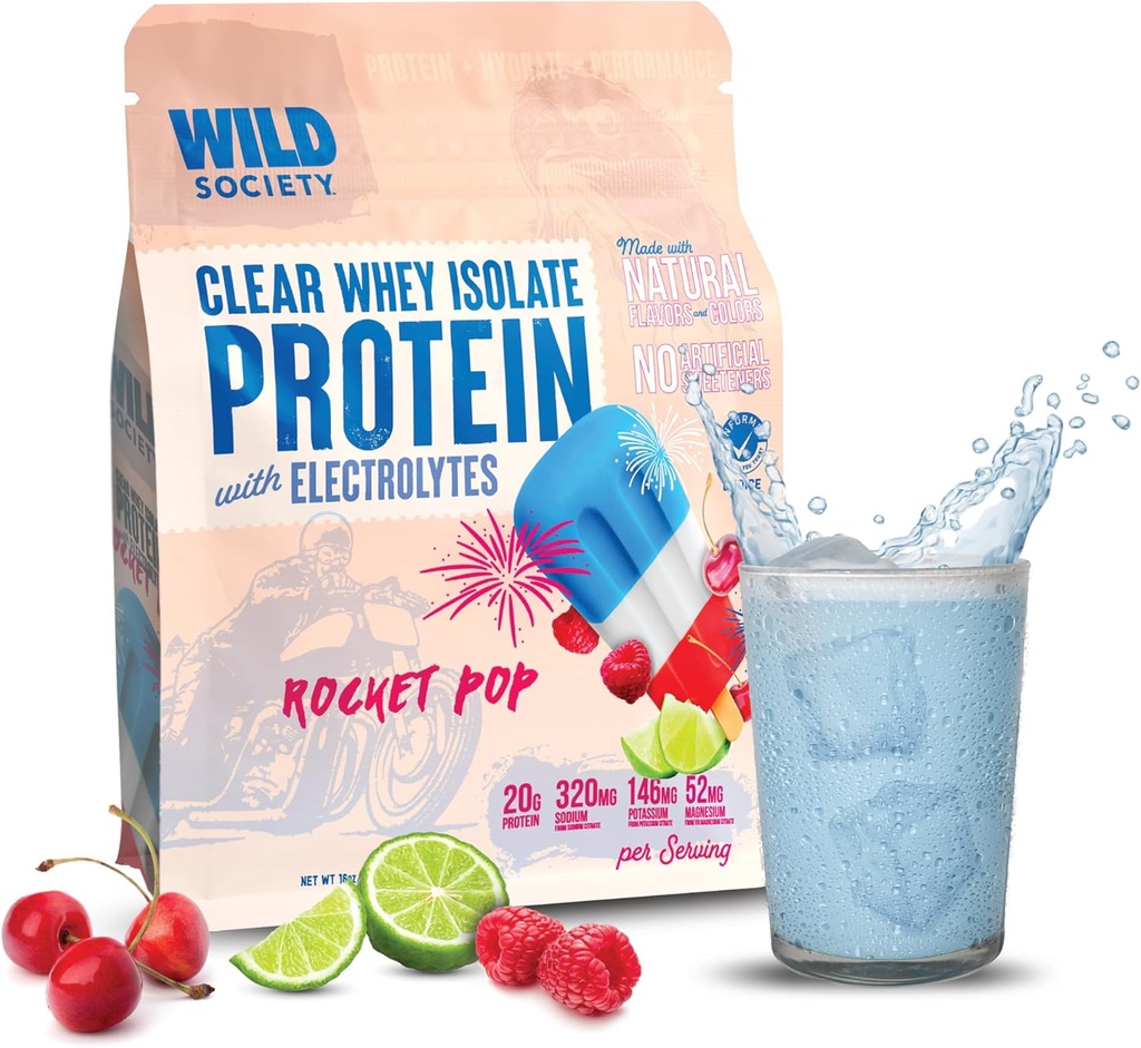 WILD SAMFUND - Clear Whey Protein + Electrolytes - Genopfriskende Whey Protein Isolate Powder - 20g Protein, 0 Tilføjet sukker, GMO- Free, Natural Flavors & Colors - Rocket Pop, 16 oz