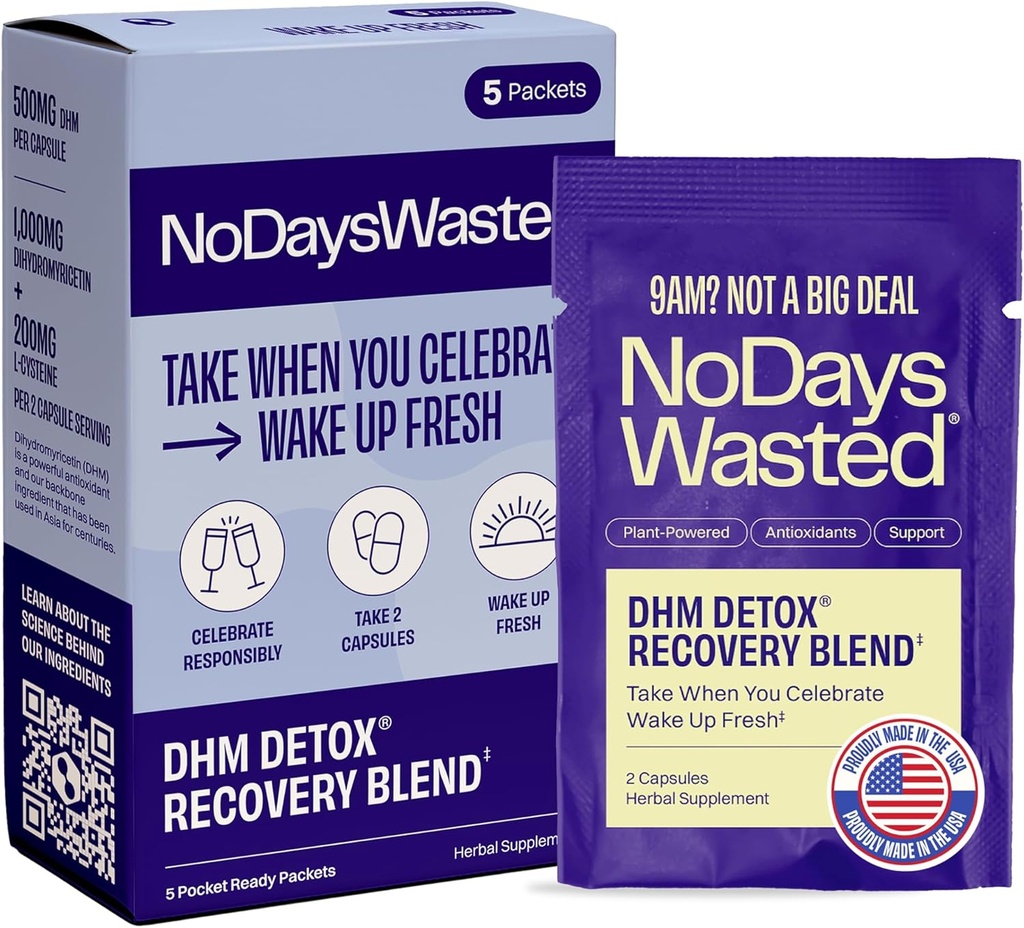 DHM Detox ® - No Days Wasted ® - New Look - Dihydromyricetin Supplement, Milk Thistle, Prickly Pære, B Vitaminer, Hydration Elektrolytes Blend- Tag under aftenen for bedre næste dag og inddrivelse