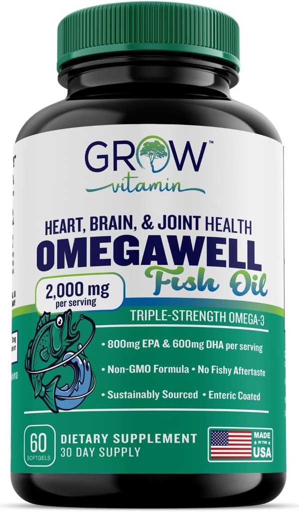 vokser vitamin Triple Strength Omega 3 Fish Oil, 800 mg EPA 600 DHA supplement til hjerte, hjerne & immunforsvar, Absorb Triple Strength, bæredygtigt sourced - Mini Softgels - 30 dages forsyning