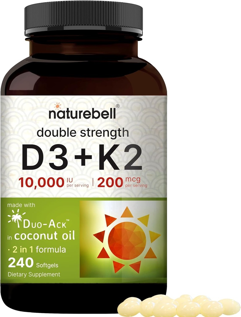 NatureBell Vitamin D3 10. 000 IE + K2 200 mcg, 240 Softgels against 124; Daglig høj potens formel med kokosolie 124; Knogleben, hjerte & immunforsvar