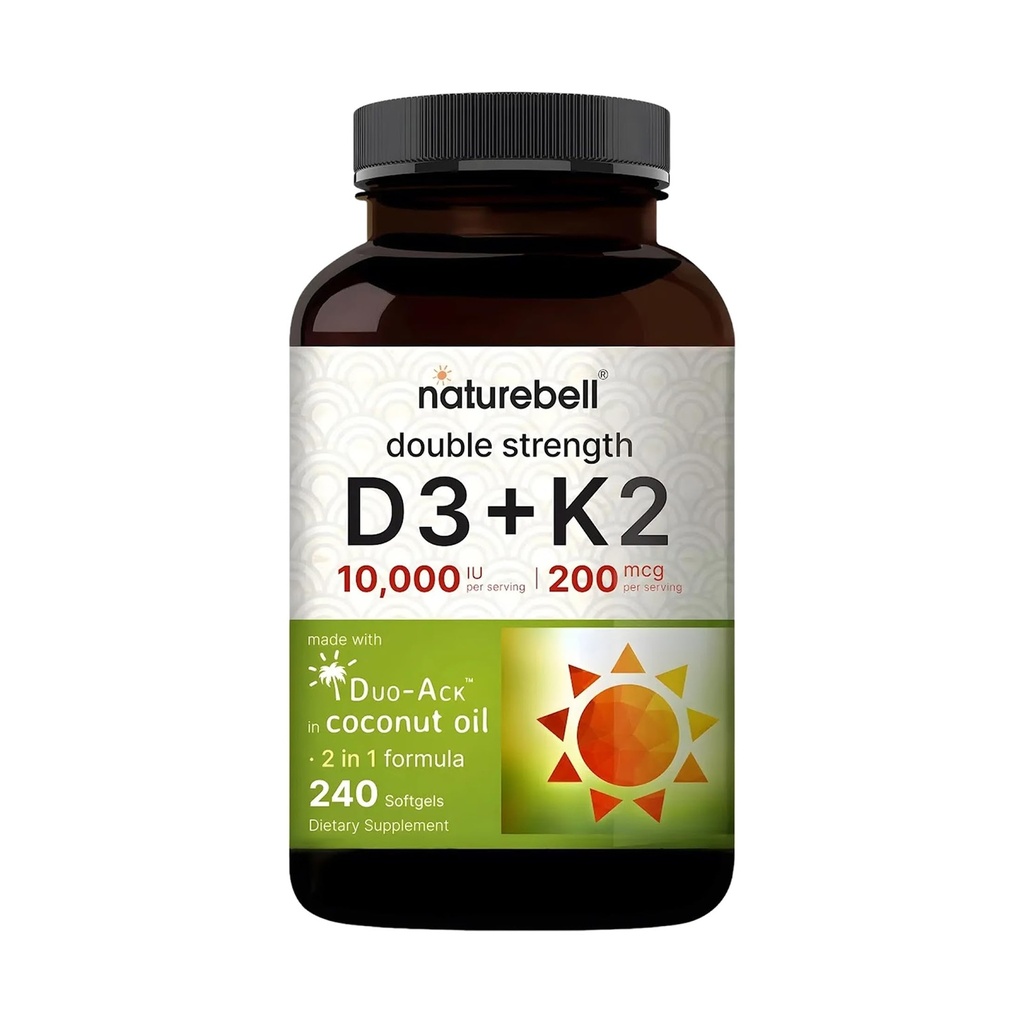 NatureBell Vitamin Double Strength D3 + K2- 240 Softgels - 10.000 IE Vitamin D & 200mcg K2 - Knoglestyrke, immunfunktion & Calcium Absorption Support * - Kokosolie Infunderet