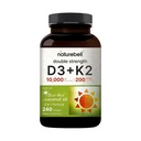 NatureBell Vitamin Double Strength D3 + K2- 240 Softgels - 10.000 IE Vitamin D & 200mcg K2 - Knoglestyrke, immunfunktion & Calcium Absorption Support * - Kokosolie Infunderet
