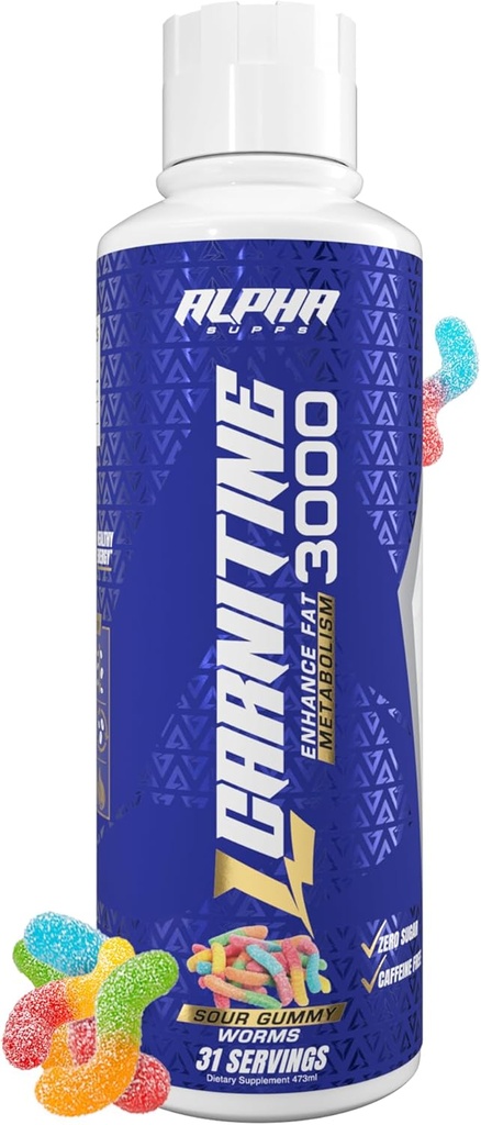 Alpha supps L Carnitin Flydende 3000; Stimulant- Free L- Carnitin Supplement for mænd & kvinder; 124; Pre- workout Energy Boost & Muscle Recovery • 124; Zero Sugar, Fat, & Carbs • 124; 31 Serveringer (sour vingummi)