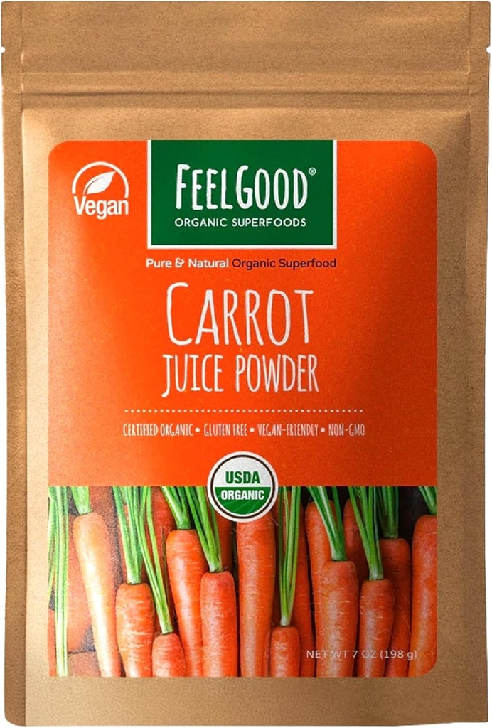 Feelgood Superfood Gulerod Juice Powder - Sundhedstillæg for fordøjelse, hud, øje og immunforsvar - Indeholder Beta Caroten & vitamin A - 7 oz