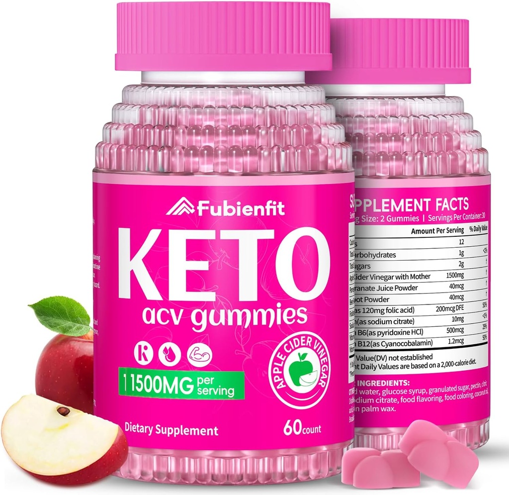 (2 Pack) Keto ACV Gummies Advanced Formel 1500MG Keto Gummies Apple Cider Vinagar Formuleret med Pomegranate Beet Juice Powder B12 Vegan Non GMO 120 Gummys