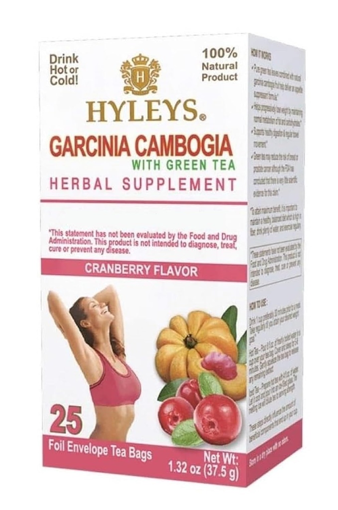 HYLEYS Tea Garcinia Cambogia Green Tea Tranebær Flavor - 25 Tea Tasker (6 Pack - 150 Tea Tasker i alt)