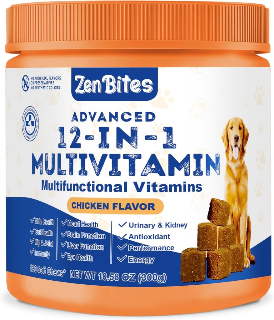 12- in-1 Hund Vitamin & Probiotika 120 Soft Chews - Økologisk Multivitamin med Glucosamin til hunde - Fælles supporttillæg til hunde i alle aldre, størrelser, & racer, understøtter hud, hjerte, immunitet