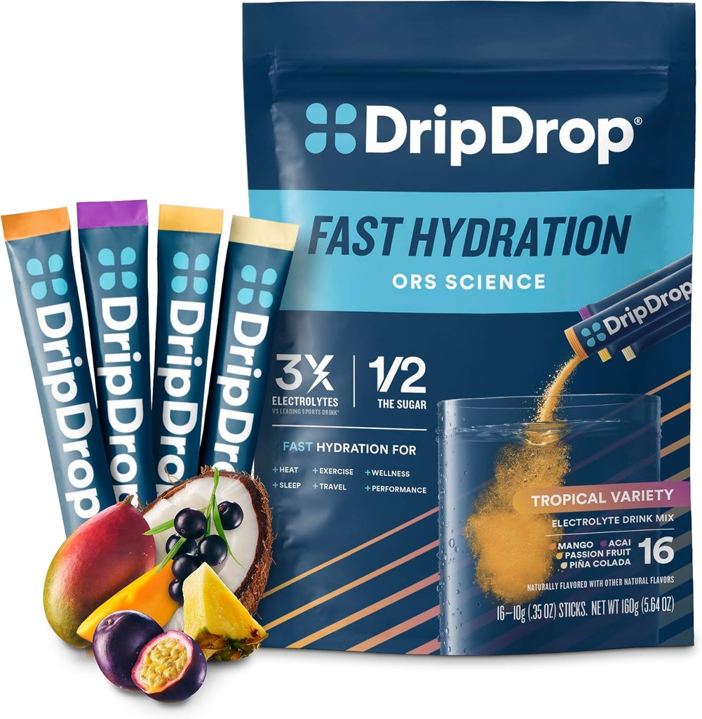DripDrop Hydration Pakker - Tropisk sort Pack - Single Serve Electrolytes Powder Mix - Mango, Açaí, Passionsfrugt, Piña Colada - Non- GMO, Gluten Free, Vegan - 16 sticks