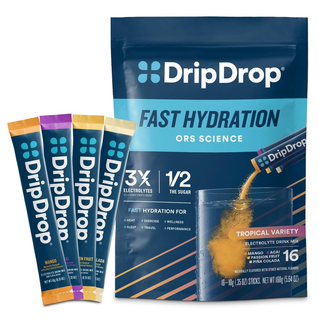 DripDrop Hydration Pakker - Tropisk sort Pack - Single Serve Electrolytes Powder Mix - Mango, Açaí, Passionsfrugt, Piña Colada - Non- GMO, Gluten Free, Vegan - 16 sticks