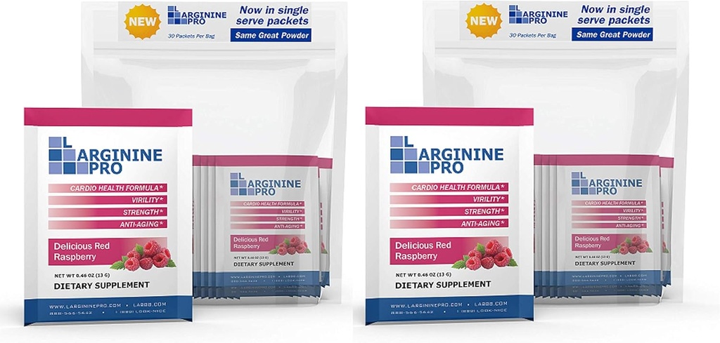 L-ARGININE PRO Supplement Powder | 60 Packets Single Serve Travel Size | 5,500mg of L-arginine Plus 1,100mg L-Citrulline, Raspberry