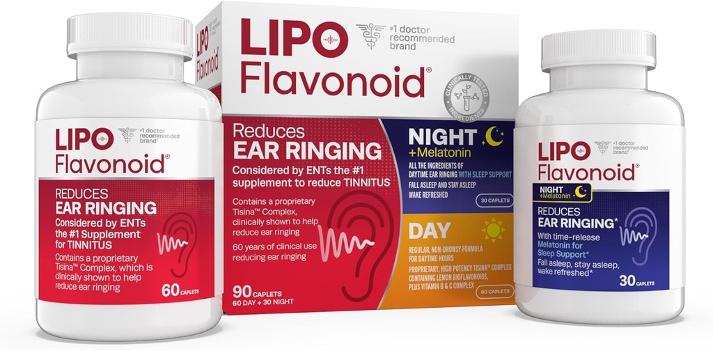 Lipo flavonoid dag & nat Combo Kit, Tinnitus Relief for Ringende Øre, Lipo flavonoid Plus & Lipo flavonoid nat med Melatonin & C-vitamin, 90 kapsler