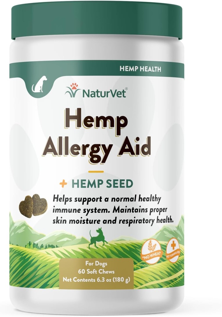 NaturVet Hamp Allergi Supplement til hunde, Hamp Seed, Antioxidanter, Omegas, Dha & Epa for Sund Hud & Åndenød, 60 Greve