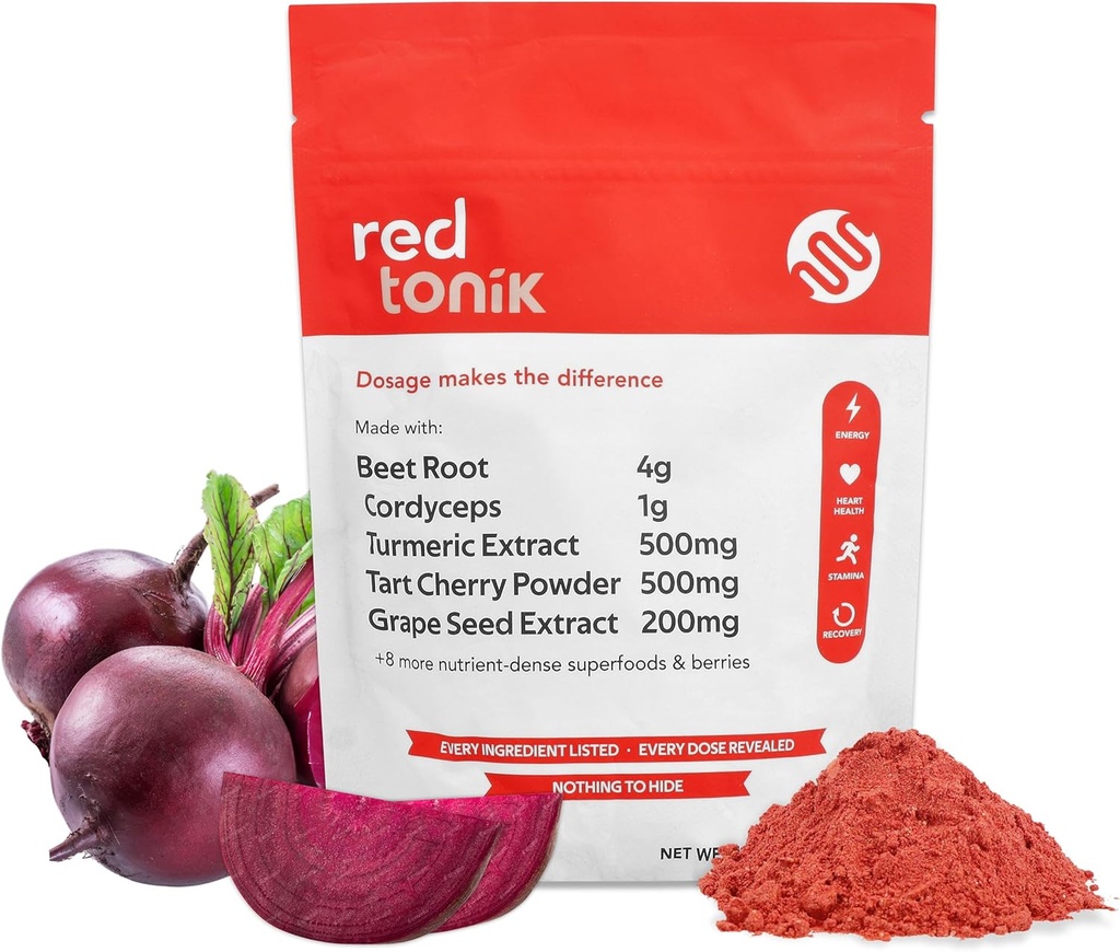 Red Tonik Superfood Powder 124; Beet Root Mead124; Mushroom Mead124; Turmerisk Mead124; Dagligt tillæg med 13 Superfood Mead124; Vitamin og Mineraler Mead124; Boost Energy, Stamina Mead124; Post- Workout Recovery Mead124; Berry Flavor
