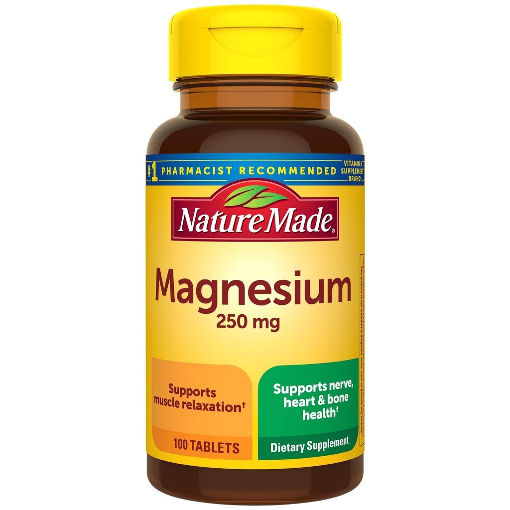 Nature Made Magnesium oxid 250 mg, Magnesium kosttilskud til mænd og kvinder, Support til muskel, hjerte, ben og nerve sundhed, 100 tabletter, 100 dages forsyning