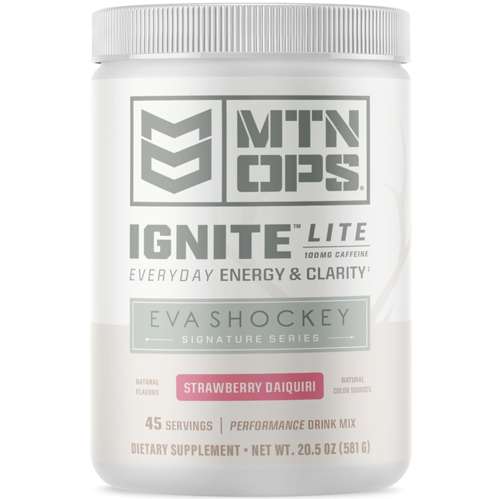 MTN OPS Ignate Lite Energy Drink Powder Gluten Free Nitroxide Supplement Drink Mix, L Arginin, L Citrullin, Koffein & Nootrop Sugar Free Drink Mix, 45 Servering, Strawberry Daiquiri Flavor af Eva Shockey