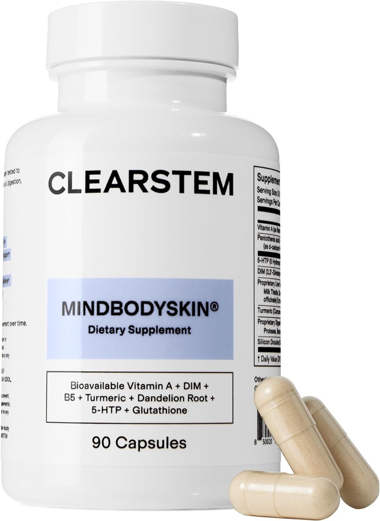 CLEARSTEM - MINDBODYSKIN Hormonal Acne tillæg (5-HTP) - Naturlig DIM tillæg - hudpleje vitaminer - Hormonbalance, antioxidanter - Gluten fri, grusom fri - 30 Servere, 90 Kapsler