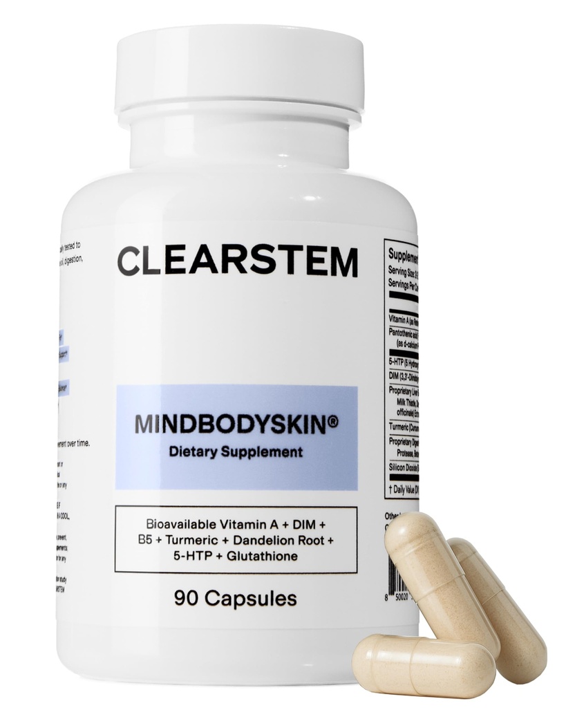 CLEARSTEM - MINDBODYSKIN Hormonal Acne tillæg (5-HTP) - Naturlig DIM tillæg - hudpleje vitaminer - Hormonbalance, antioxidanter - Gluten fri, grusom fri - 30 Servere, 90 Kapsler