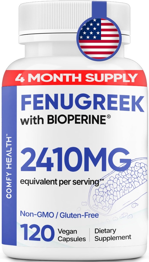 Fenugreek Capsules, 2410mg Per Capsule, 120 Count, Fenugreek Pills with Bioperine for Superior Absorption, Non-GMO, Gluten Free Fenugreek Seeds Extract Supplements, Fenogreco Capsulas