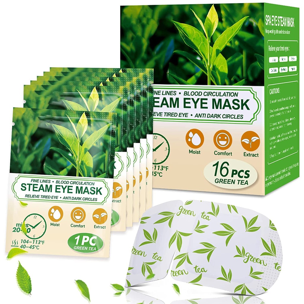 16 Pakker Steam Eye Masker til tørre øjne, Green Tea Varm Eye Mask, Relief Eye Træthed & Puffy Eyes, Fugtig opvarmning Kompres for øjne, Self ophedet Eye Mask, Disponible Rejse Essentials & Afslapning sæt