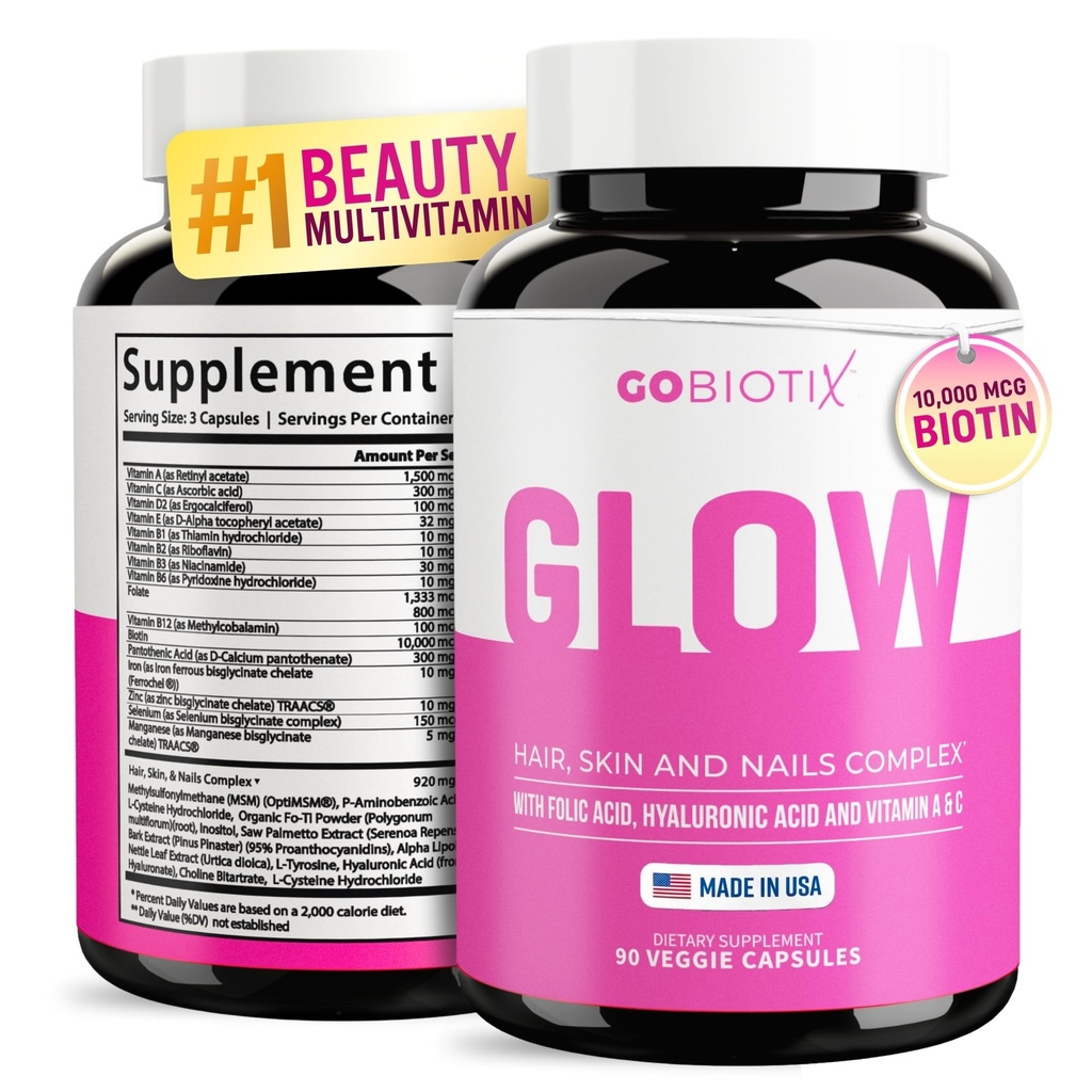 GOBIOTIX hår hud og negle Vitamin Supplement - 10000mcg biotin piller med hyaluronsyre, folat, jern, magnesium og zink - Collagen produktion, hårvækst - 30 Servere