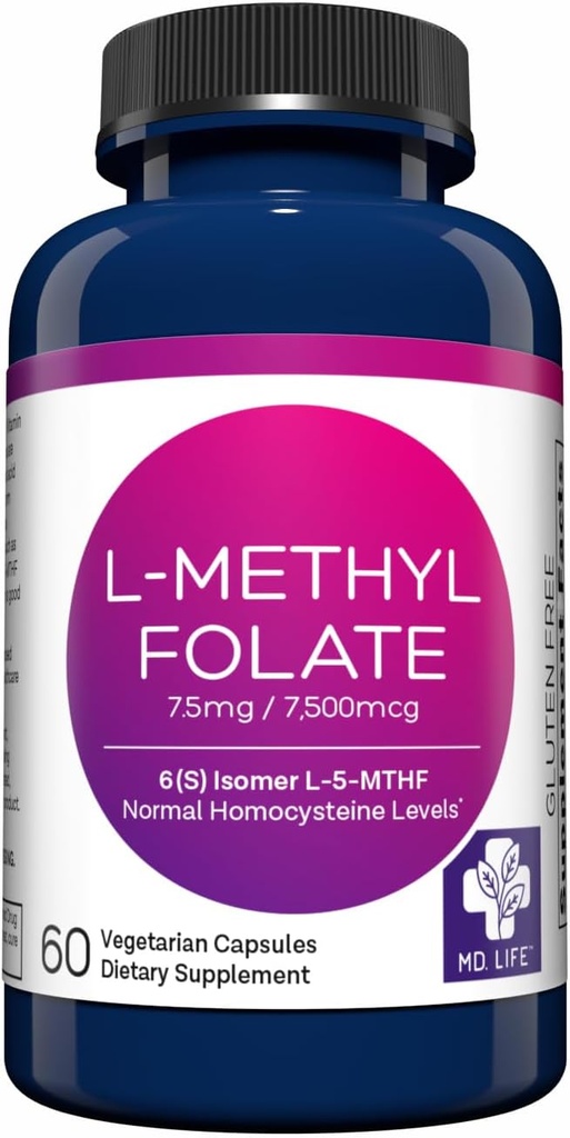 MD Life L- methylfolat 7, 5 mg tillæg - Professionel - Grade Aktiv L methylfolat supplement - 60 kapsler - L- methylfolat 7, 5 mg - Maksimal potens MTHFR W / essentielle aminosyrer