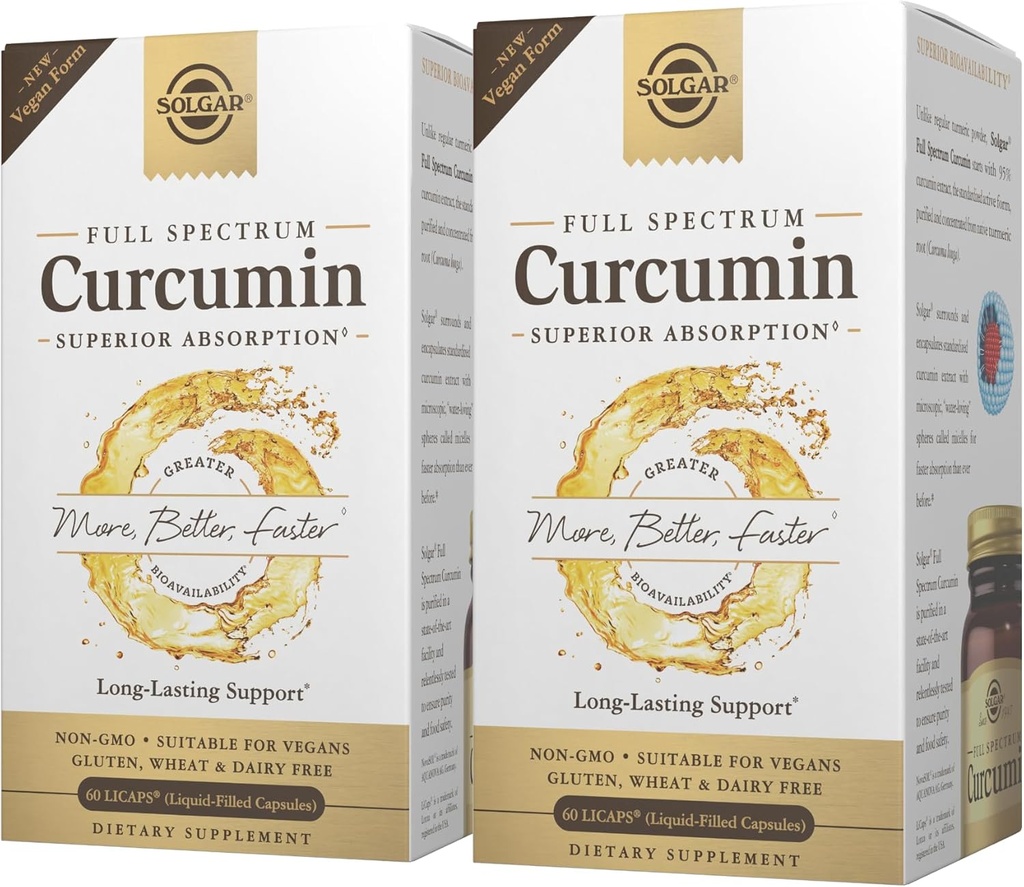 Solgar Full Spectrum Curcumin - 60 LiCaps, Pack of 2 - Superior Absorption - Brain, Joint & Immun Health - non-GMO, Vegan, Gluten Free, Dairy Free - 120 Total Servering