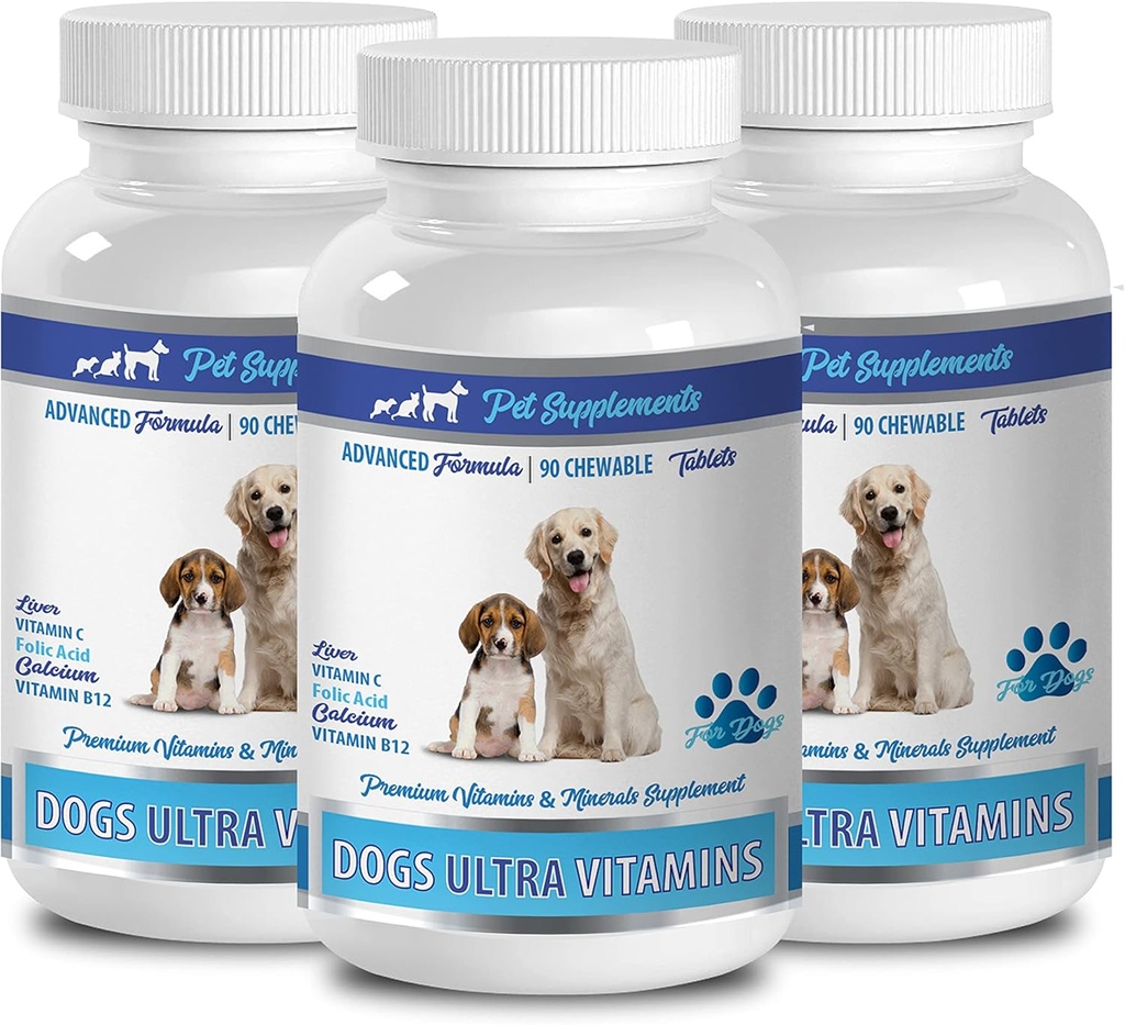 Hundemuskel Builder Kosttilskud - Ultra Vitaminer til hunde - Tygge - Kraftfuld Formel - Mineral Complex - Hundekalciumtykkere - 270 Treates (3 flasker)