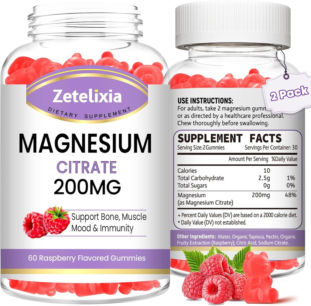 2 Pack Magnesium Citrate Gummies, Høj Absorption Magnesium Gummies for voksne, Muskel & Tænder Support, Vegansk Natural Raspberry Flavor 120 Cts