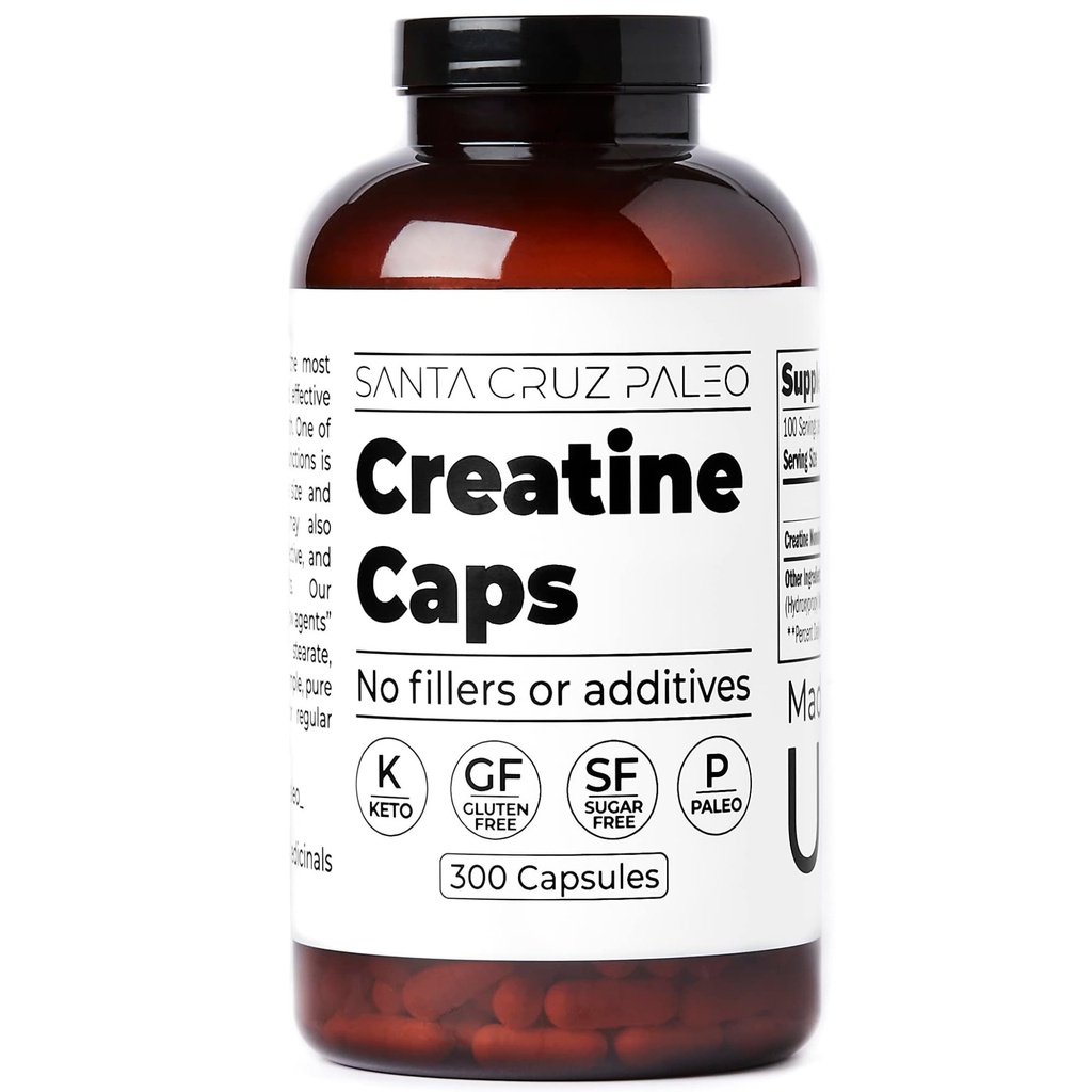 Santa Cruz Paleo Creatine kapsler, understøtter muskelvækst & energi, gluten fri, Keto, sukker fri, Paleo, ingen fyldstoffer eller tilsætningsstoffer, Creatine monohydrat piller, 2500mg, 100 Servere, 300 Kapsler