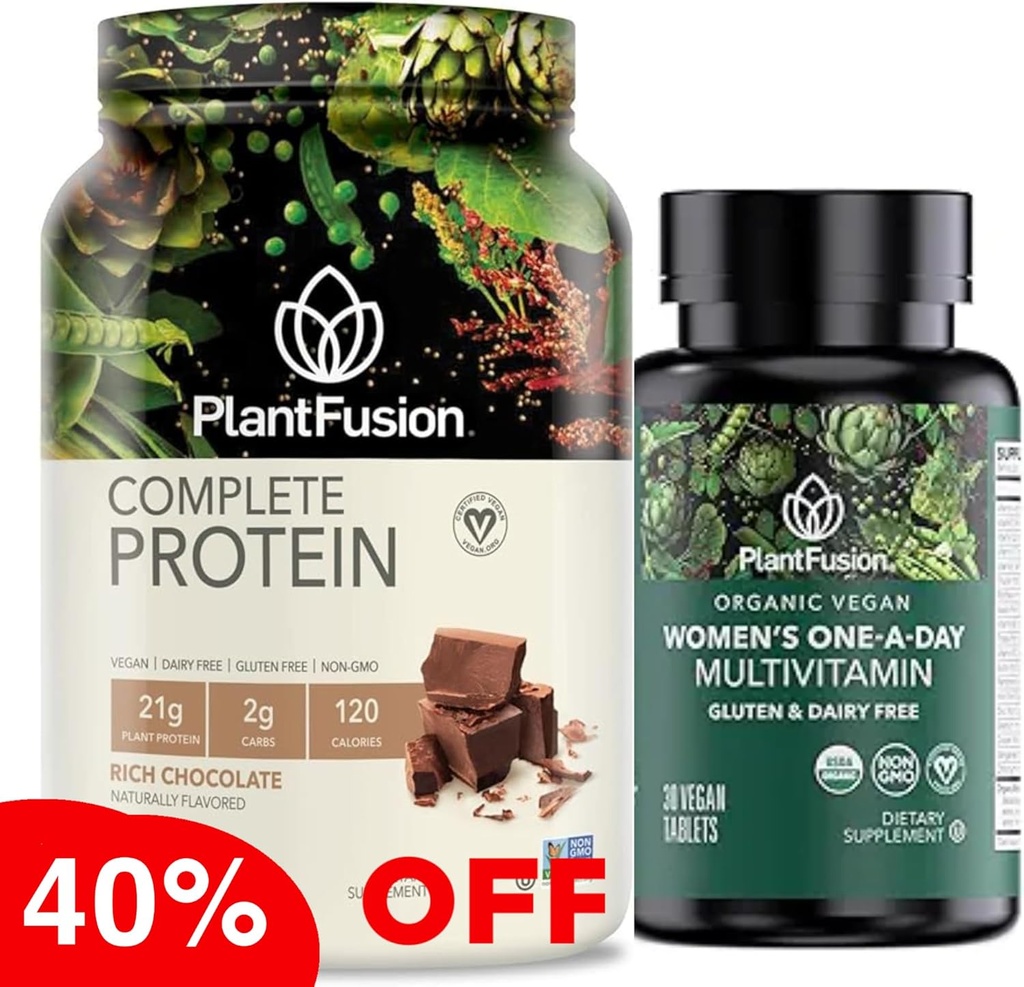PlantFusion Protein Powder & Organic Women 's Multivitamin Bundle - 21g Plantbaseret protein med BCAA' er, rene ingredienser, og lækker smag Plus 19 essentielle vitaminer til energi, Immunitet & Hea