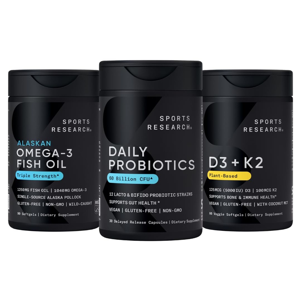 Sports Research Wild Alaska Pollock Omega 3 Fish Oil 90 Softgels (1250 mg) + Vegan Probiotika med Prebiotika, 60 milliarder CFU (30 Softgels) + 5000 IE D-vitamin + 100mcg Mk7-vitamin K (60 Softgels)