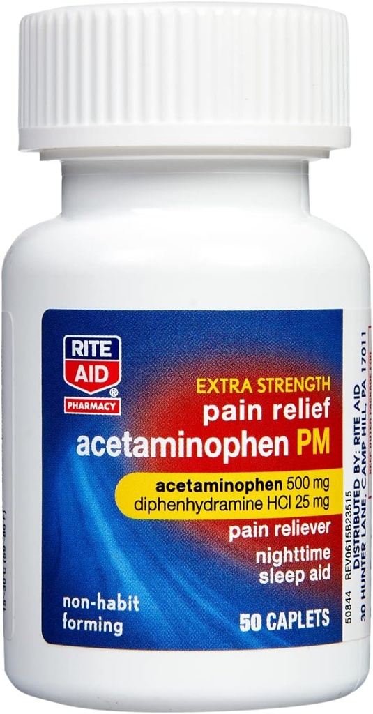 Rite Aid Extra Strength PM Pain Relief Caplets, 500mg Acetaminophen / 25mg Diphenhydramin - 50 Count - 124; Nighttime PM Pain Reliever + Sleep Aid - 124; Joint Pain Relief - 124; Menstruel Pain Relief + PMS Relief