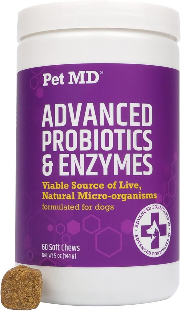 Pet MD Probiotika & enzymer til hunde - Gut Health Chews med Prebiotika - fordøjelsesstøtte til hunde med opsat mave, diarré, obstipation eller gas - Funktionel Probiotika til hunde - 60 ct