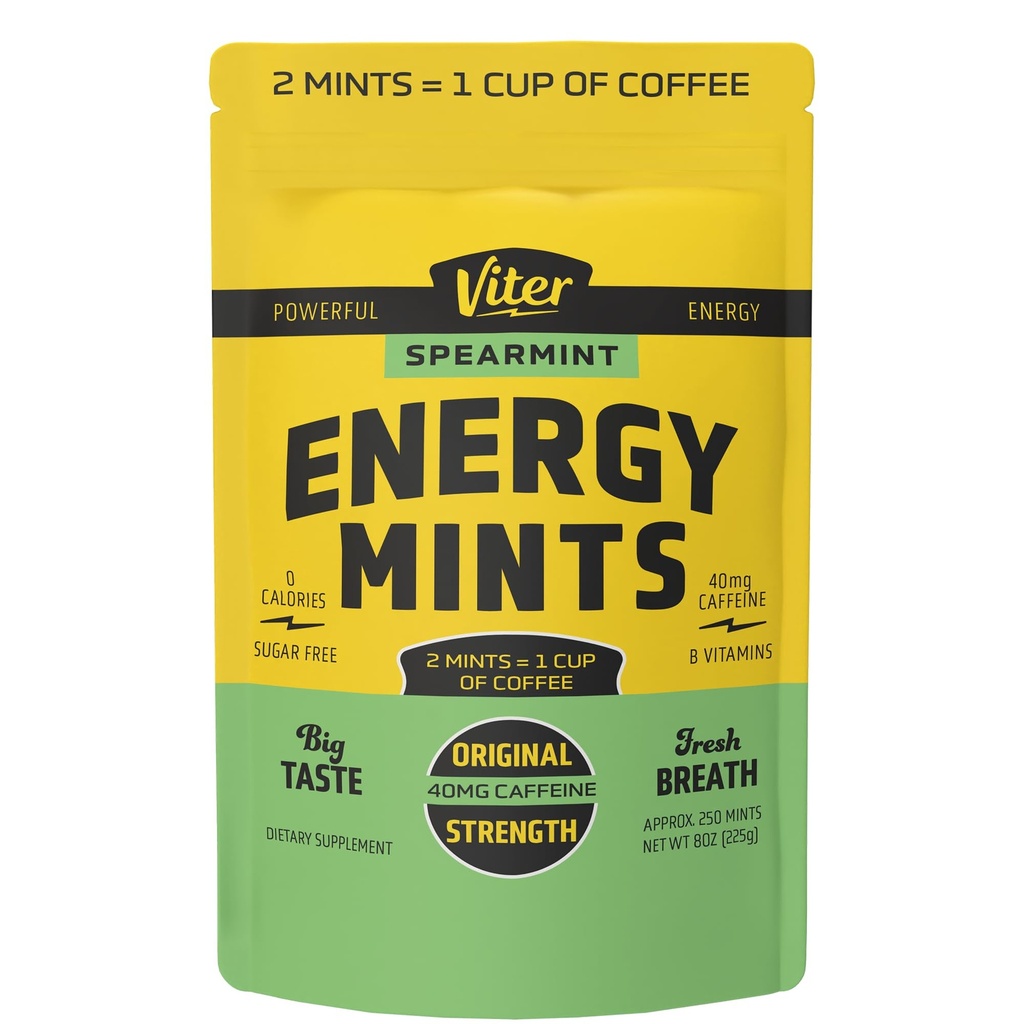 Viter Energy 40mg koffein mints - Sugar Free, B Vitaminer, Vegan, øger hurtig energifyldt Alert Focus, Kaffeined Nootrop Supplement piller (Spearmint Flavor, 8oz, Bulk Bag)
