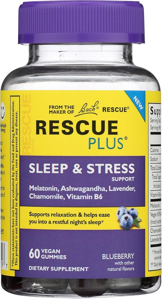 Bach Rescue Plus Sleep & Stress Support Gummies, Nighttime Dietary Supplement med 1 mg Melatonin, Ashwagandha, Kamille, Lavender & Vitamin B6, 60 Gummies (Pack of 3)