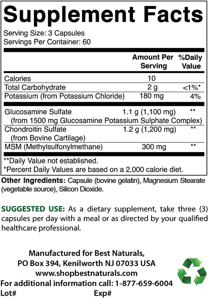 Bedste Naturals Glucosamin Chondroitin og MSM & D3 2000 IE