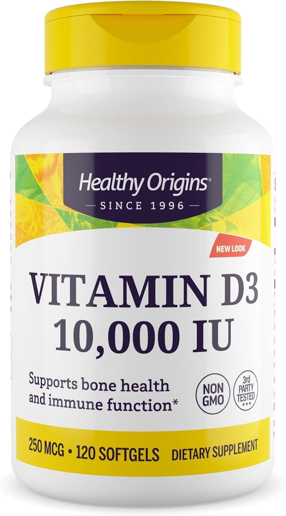 Sund oprindelse D3 10. 000 IE vitamin (ikke- GMO, høj potens, benstøtte, immunforsvar, gluten fri), 120 Softgels