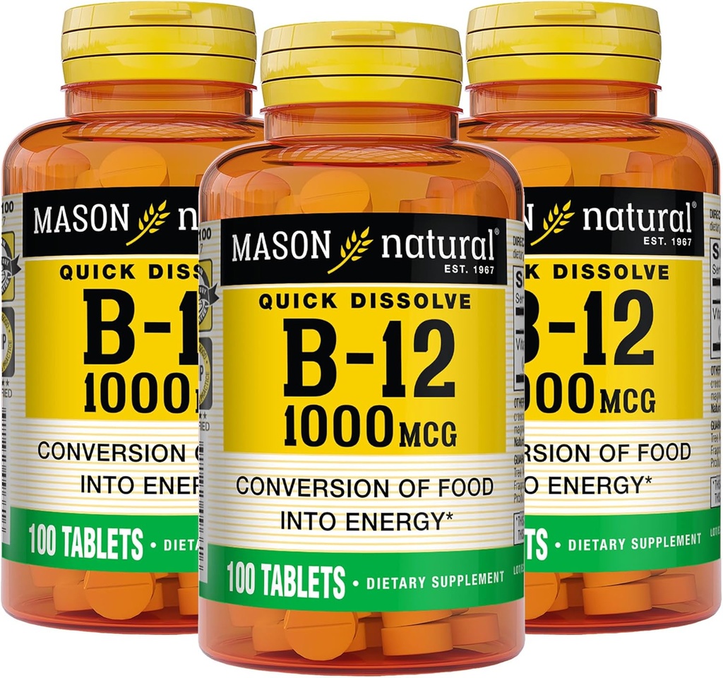 MASON NATURAL B, 12 1000 mcg Quick Opløs, 300 dages forsyning for sund omregning af fødevarer til energi (3 Pack)