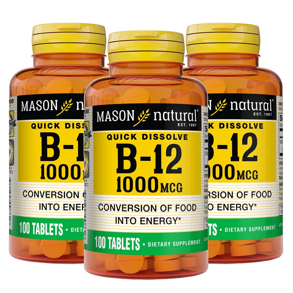MASON NATURAL B, 12 1000 mcg Quick Opløs, 300 dages forsyning for sund omregning af fødevarer til energi (3 Pack)