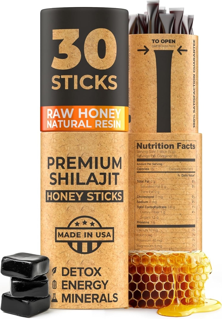 NATURAL SHILAJIT Honey Sticks - Shilajit Resin med rå honning, Fulvic Acid & Trace Minerals, Plante baserede næringsstoffer til energi, immunforsvar & Vitality - 30 Shilajit Sticks