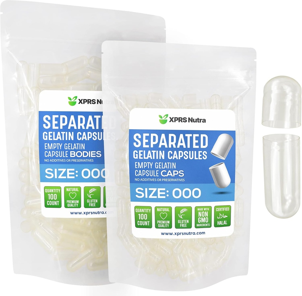 XPRS Nutra Separated Kapsler Størrelse 000- 100 Grev Stor Tom Gelatine Kapsler Separeret i poser - Premium Clear Tom 000 Pills til DIY Supplement Fyldning