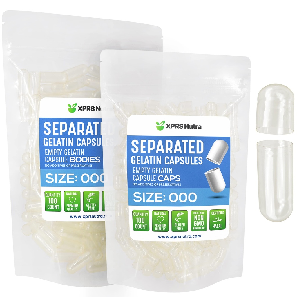 XPRS Nutra Separated Kapsler Størrelse 000- 100 Grev Stor Tom Gelatine Kapsler Separeret i poser - Premium Clear Tom 000 Pills til DIY Supplement Fyldning