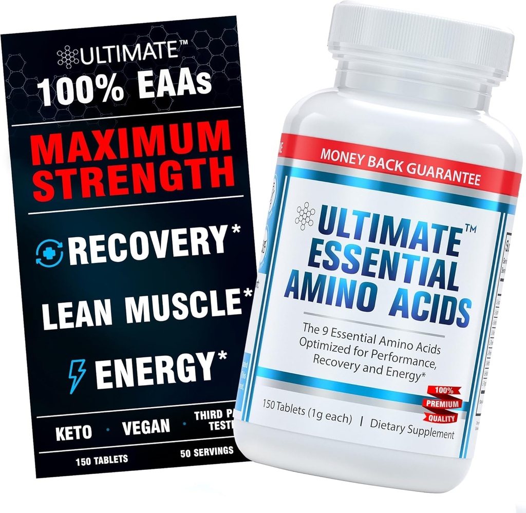 Ultimate 100% Essential Aminosyre Supplement - 150 Easy- to- Swallow, 1g overtrukne tabletter - Alle 9 EAA med 40% Leucin i optimeret BCAA Ratio - Øge energi, Lean Muscle & Recovery - Keto & Vegan