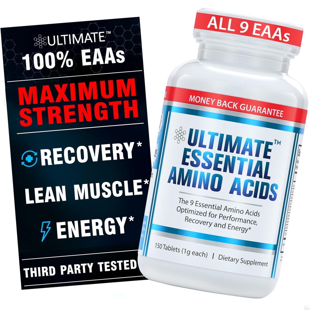 Ultimate Essential Aminosyrer Supplement til skæring, fastende & workouts, Alle 9 EAA, 3000mg, 40% Leucin, 4: 1: 1 BCAA Ratio, Binder- Free with Organic Coating, Vegan, Keto, Non- GMO, 150 tabletter