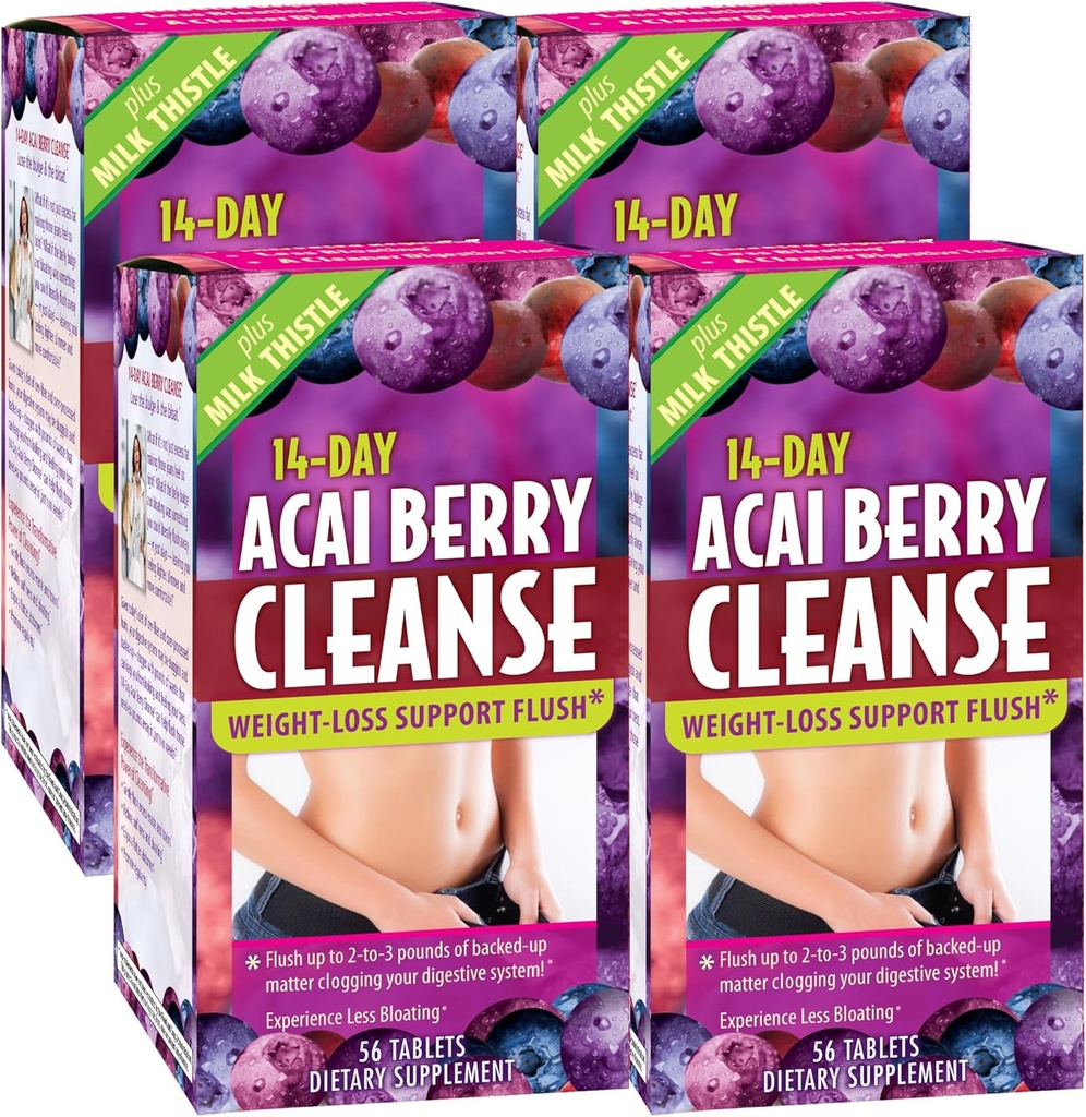Anvendt Nutrition 14- Day Acai Berry Cleanse - 56 tabletter, pakke af 4 - Vægt-Tab Support Flush + Mælk tidsel - 112 Total Servering