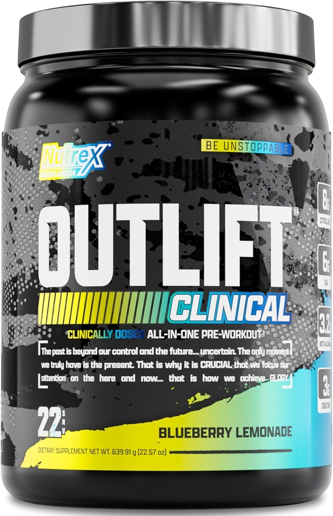 Nutrex Forskning Outlift Clinical Clinical Dosed Pre Workout Powder med Creatin, Citrulline, EAA - 124; Energi, ydeevne, Pump Preworkout Supplement for mænd og kvinder (22 Servere, Blåbær Lemonade)