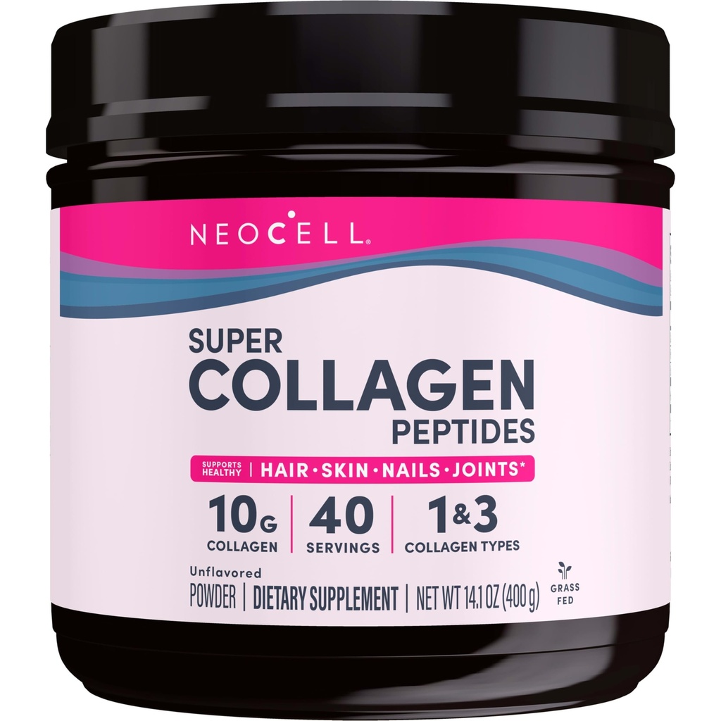 NeoCell Super Collagen Peptider, 10g Collagen Peptider per servering, Gluten Free, Keto Friendly, Non- GMO, Grass Fed, Sund Hår, Hud, Nails og Joints, Unflavored Powder, 14.1 oz., 1 Canister