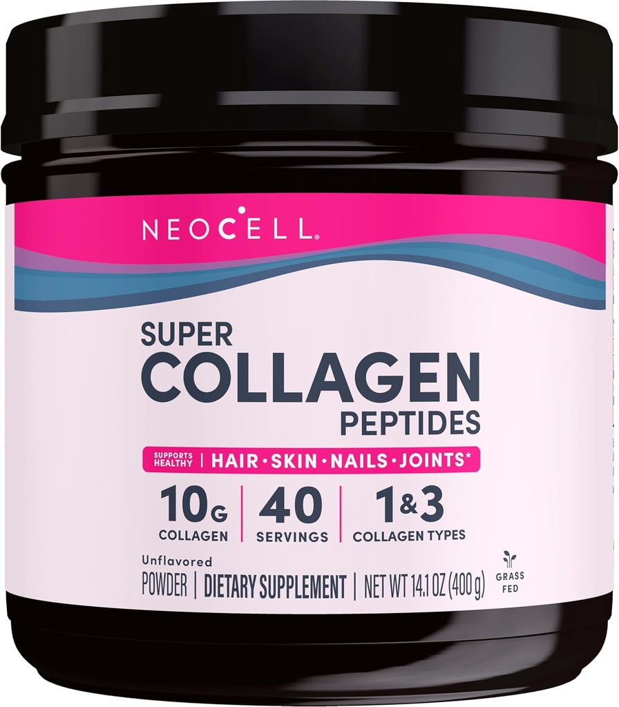 NeoCell Super Collagen Peptider, 10g Collagen Peptider per servering, Gluten Free, Keto Friendly, Non- GMO, Grass Fed, Sund Hår, Hud, Nails og Joints, Unflavored Powder, 14.1 oz., 1 Canister