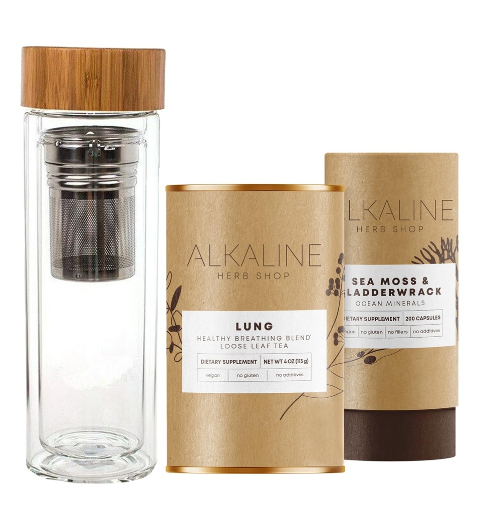 Alkaline Herb Shop Sund Lung Bundle - Sea Moss & Bladderwrack Supplement, Lung Tea Supplement (Happy Lung Tea) og Double Wall Glas Drik rustfrit stål Tea Infuser vandflaske Bambus 17 oz