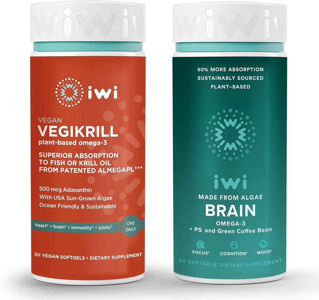 iwi Life Vegikrill & Brain Omega-3 Bundle, 30 Servering, Vegan Plant-baseret Alger Omega 3 med EPA + DHA, Krill & Fish Oil Alternative, Ingen Fishy Eftersmag